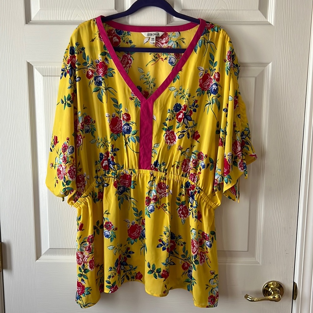 The‎ Pioneer Woman Yellow Floral Tunic Top with Pink Accent, Sz XXXL